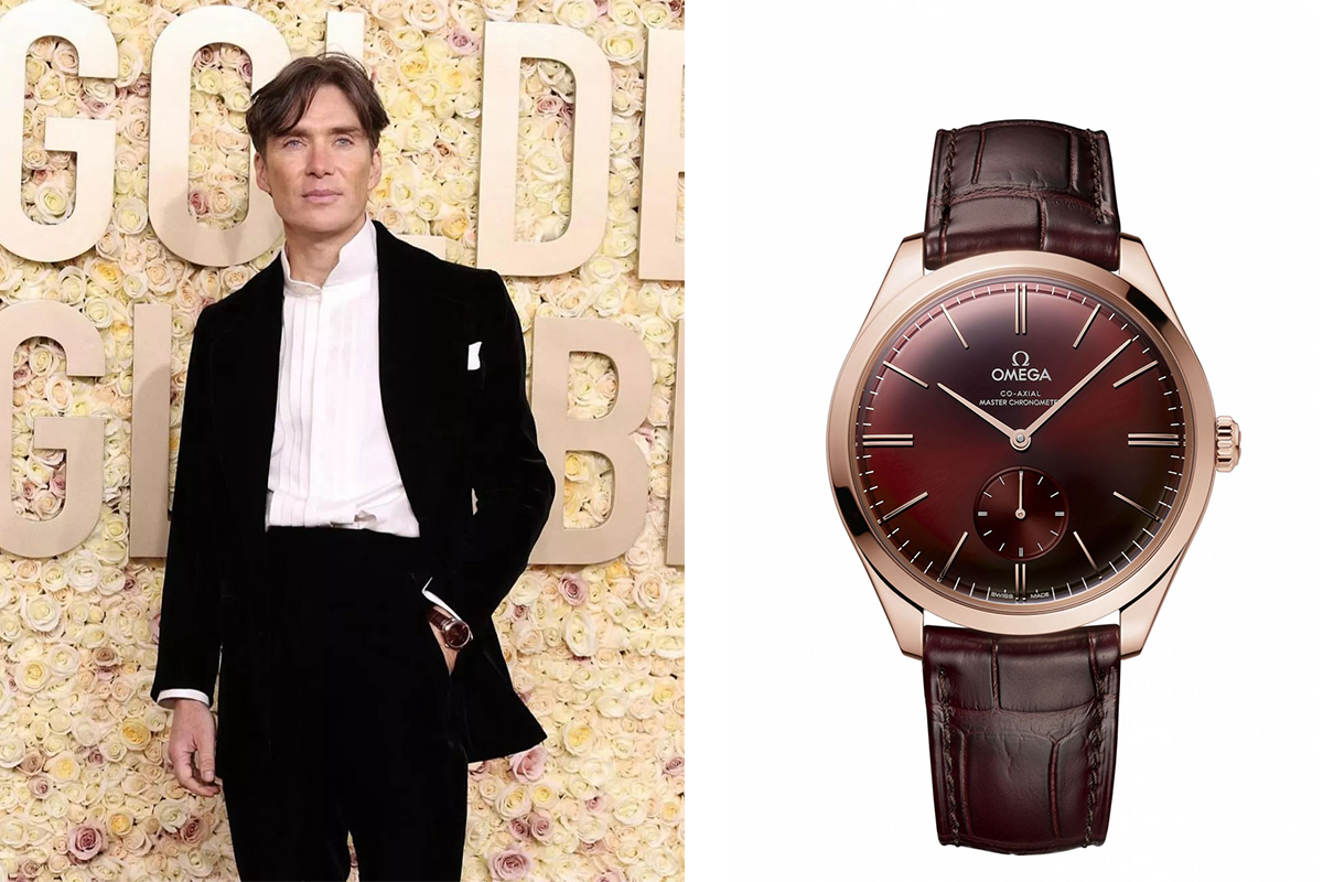 Cillian Murphy won the Golden Globe for Best Actor for his leading role in Oppenheimer. He paired his dapper Saint Laurent ensemble with an Omega De Ville Trésor. The watch features a 40 mm case made of 18-karat Sedna gold, a domed burgundy dial with a small seconds display at 6 o’clock, and one of today’s most advanced mechanical movements.