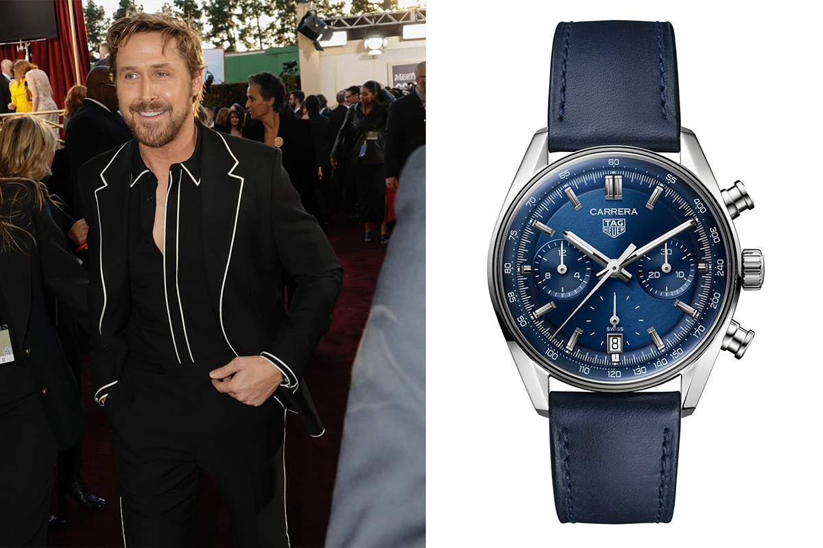 Ryan Gosling's TAG Heuer Carrera Date: TAG Heuer brand ambassador Ryan Gosling was nominated for Best Performance by a Male Actor in a Supporting Role as "Ken". Gosling went for a more understated Carrera three-hander with a silver sunray brushed dial.