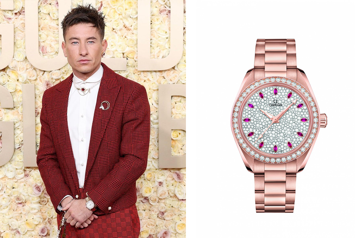 Barry Keoghan's Omega Seamaster Aqua Terra: The Irish actor who was nominated for Best Performance by a Male Actor in a Drama Motion Picture “Saltburn” wore a pavé dial Omega Seamaster Aqua Terra in Sedna Gold.