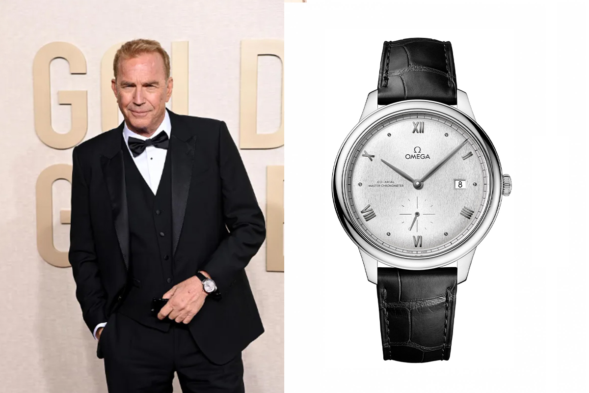 Kevin Costner appeared with a 41 mm OMEGA De Ville Prestige in steel on a leather strap.