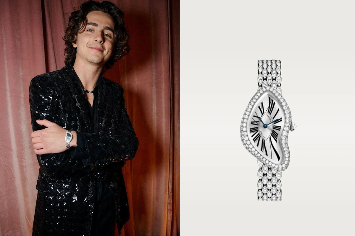 Timothée Chalamet's Cartier Crash: The Wonka star paired a sweet Cartier Crash with Celine Homme by Hedi Slimane for this year’s ceremony. Limited to only 67 examples, the timepiece features a gem-set case, bezel, and bracelet featuring no less than 470 diamonds.