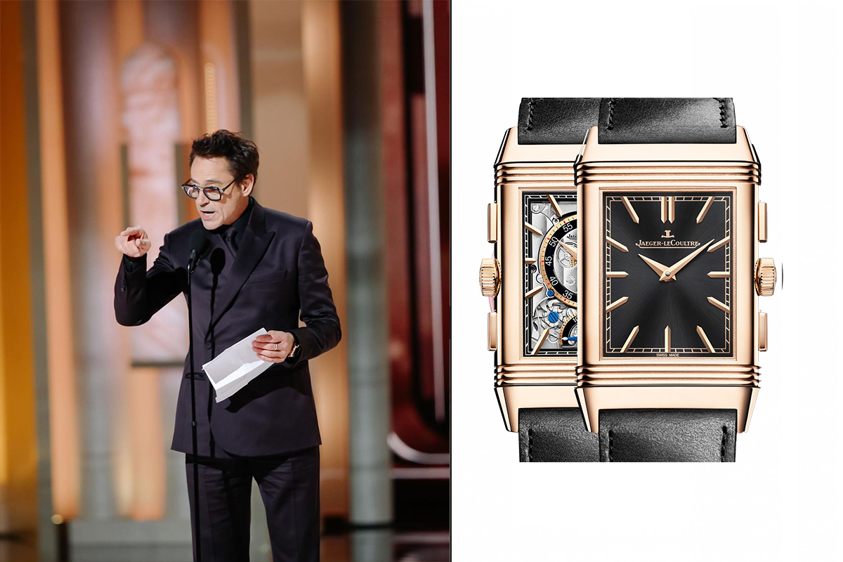 Robert Downey Jr.'s Jaeger-LeCoultre Reverso Tribute Chronograph: The actor won the Golden Globe for Best Supporting Actor for his role as antagonist Lewis Strauss in Oppenheimer. He wore a Jaeger-LeCoultre Reverso Tribute Chronograph that was perhaps even more striking than the award he received. Released only last year at Watches and Wonders, the rose-gold rarity is equipped with a new manual wound chronograph movement (the JLC 860) that pushes two sets of hands in opposite (reverso) directions to indicate the time on both dials.