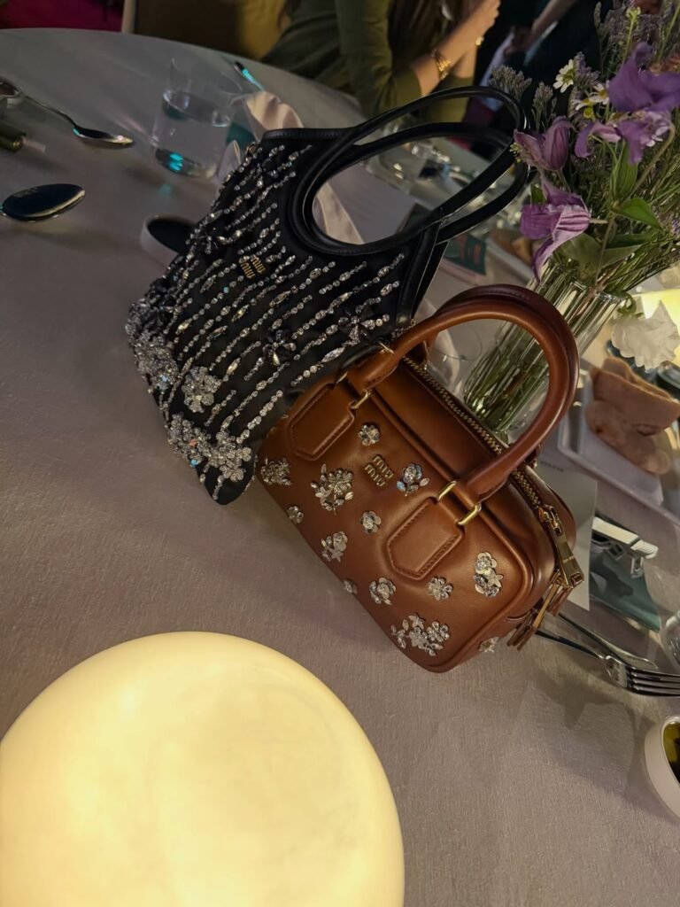 حقيبة يد ميو ميو بنية مرصعة بالأحجار من اختيار أسيل عمران